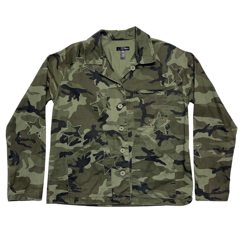 Aqua Jacket Womens Small Green Camouflage Star Applique Button Front Utility